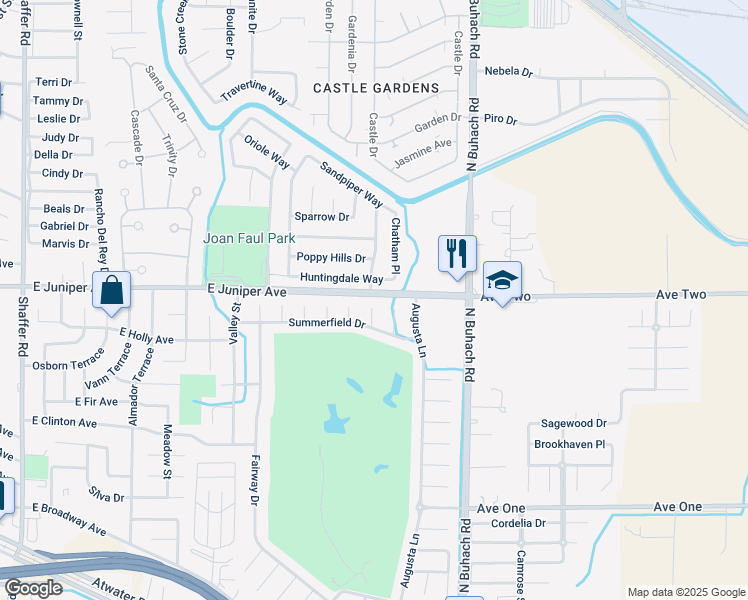 map of restaurants, bars, coffee shops, grocery stores, and more near 1892 El Dorado Court in Atwater