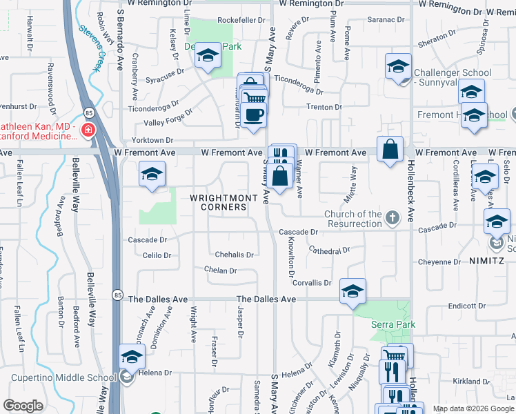 map of restaurants, bars, coffee shops, grocery stores, and more near 1307 South Mary Avenue in Sunnyvale
