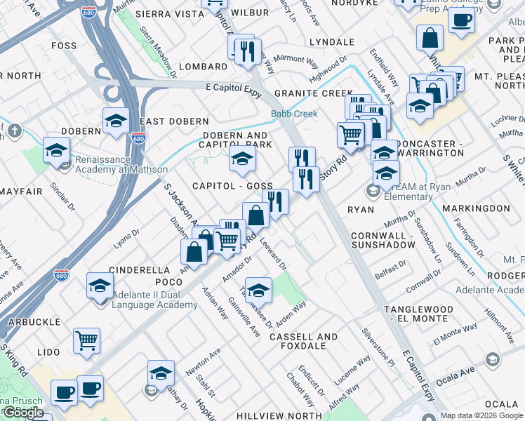 map of restaurants, bars, coffee shops, grocery stores, and more near 2541 Sleepy Hollow Lane in San Jose