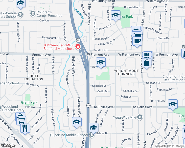 map of restaurants, bars, coffee shops, grocery stores, and more near 1090 Baker Court in Sunnyvale
