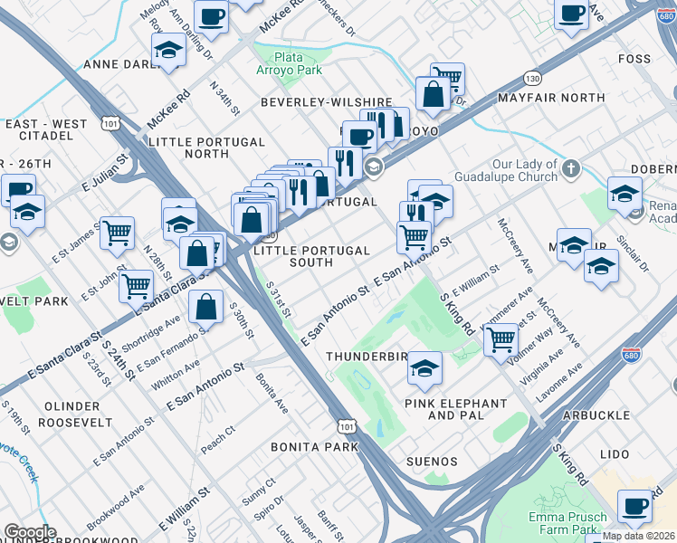 map of restaurants, bars, coffee shops, grocery stores, and more near 1625 East San Fernando Street in San Jose