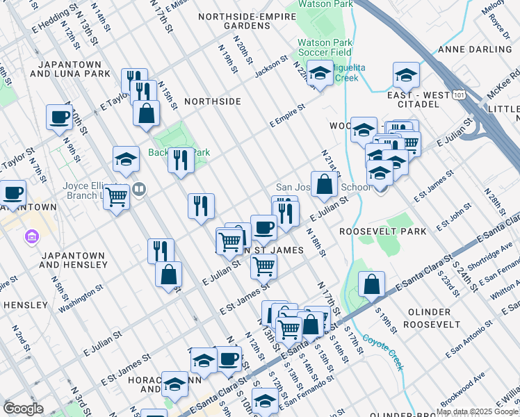 map of restaurants, bars, coffee shops, grocery stores, and more near 780 Washington Street in San Jose
