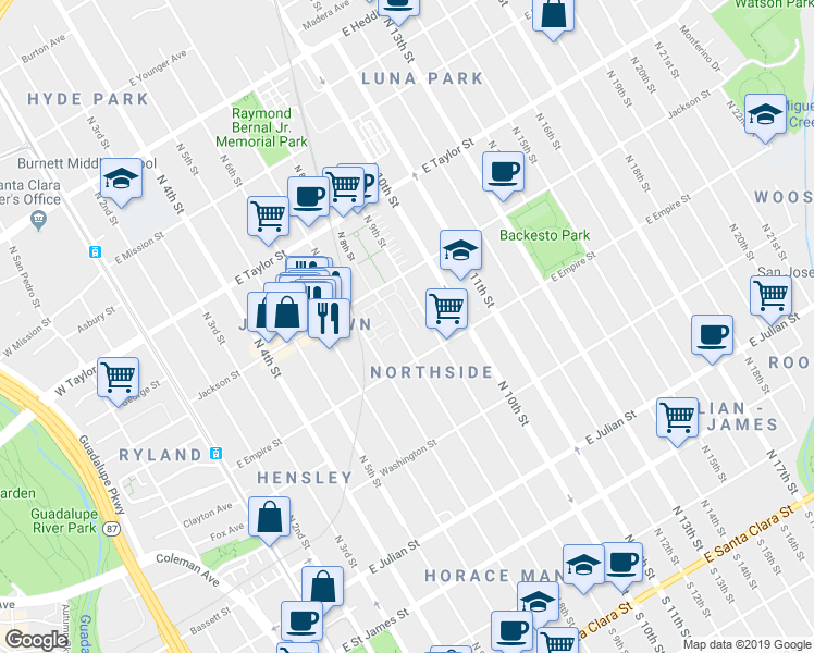 map of restaurants, bars, coffee shops, grocery stores, and more near 569 North 9th Street in San Jose