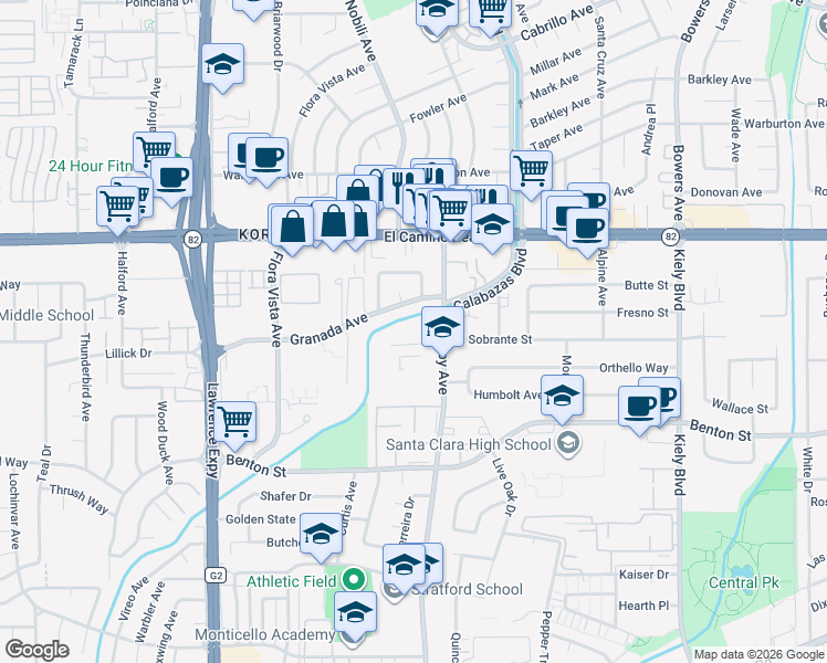 map of restaurants, bars, coffee shops, grocery stores, and more near 3318 Granada Avenue in Santa Clara