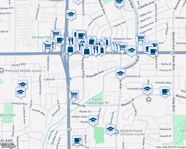 map of restaurants, bars, coffee shops, grocery stores, and more near 3610 Flora Vista Avenue in Santa Clara