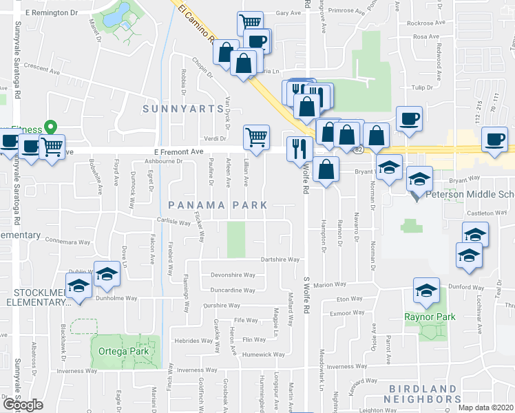 map of restaurants, bars, coffee shops, grocery stores, and more near 1345 Kingfisher Way in Sunnyvale