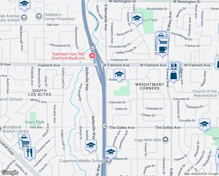 map of restaurants, bars, coffee shops, grocery stores, and more near 1090 Baker Court in Sunnyvale
