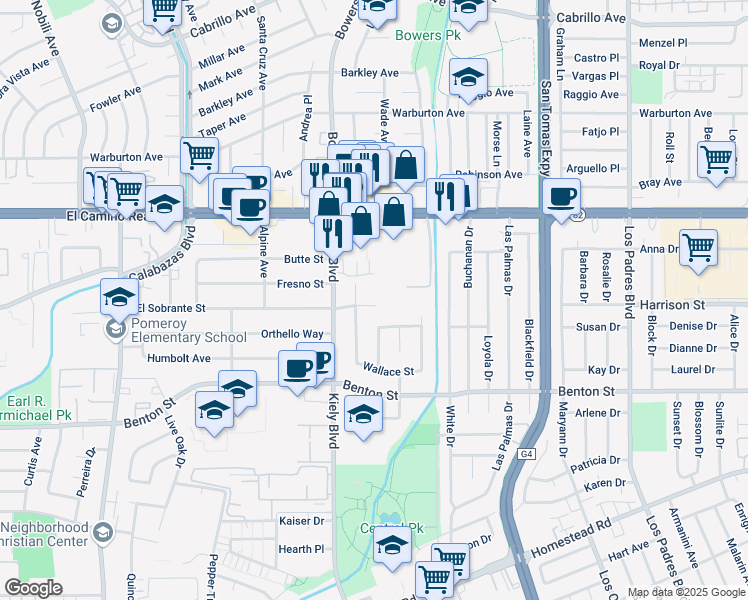 map of restaurants, bars, coffee shops, grocery stores, and more near 2723 El Sobrante Street in Santa Clara