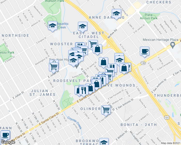 map of restaurants, bars, coffee shops, grocery stores, and more near 169 North 25th Street in San Jose