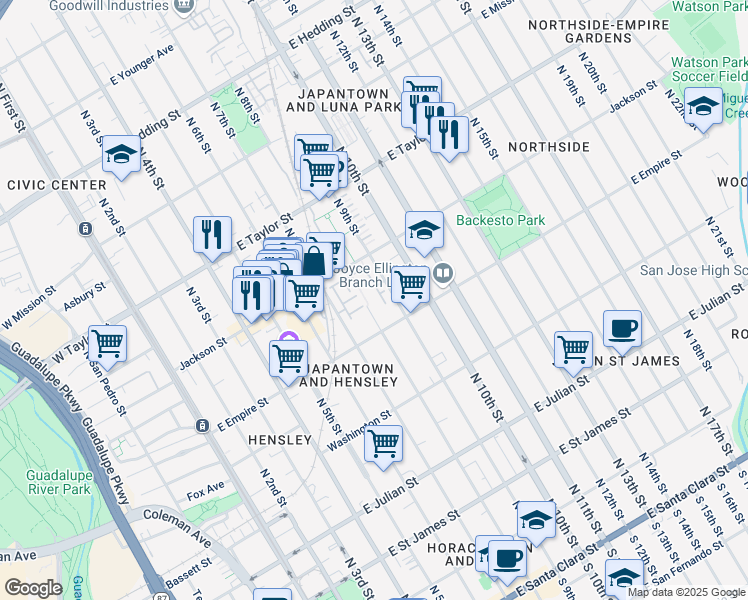 map of restaurants, bars, coffee shops, grocery stores, and more near 580 Manzana Place in San Jose