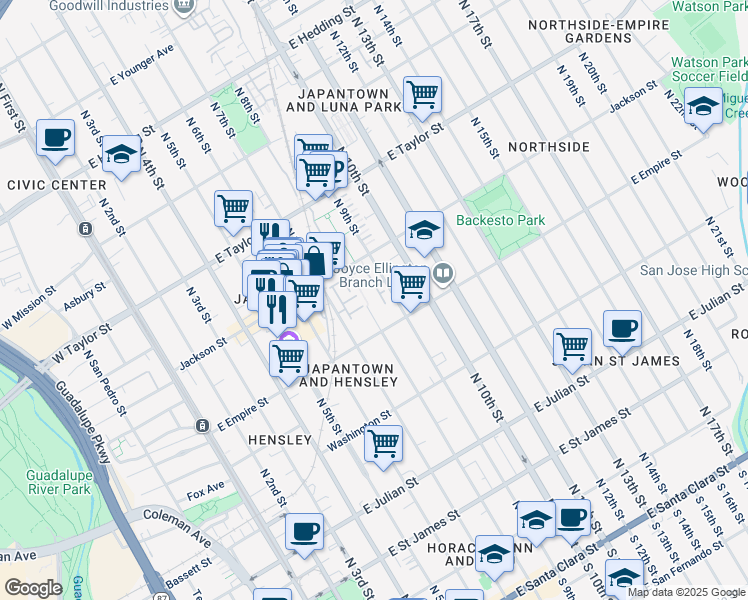map of restaurants, bars, coffee shops, grocery stores, and more near 580 Manzana Place in San Jose