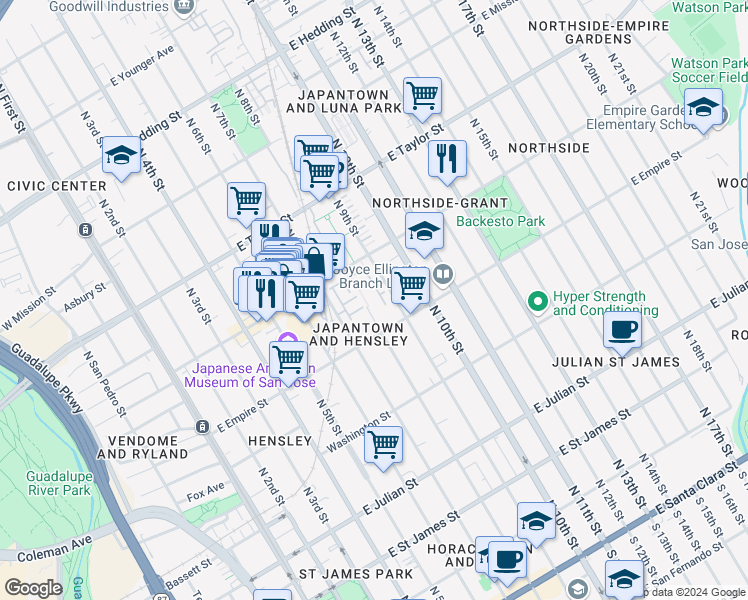 map of restaurants, bars, coffee shops, grocery stores, and more near 578 Manzana Place in San Jose
