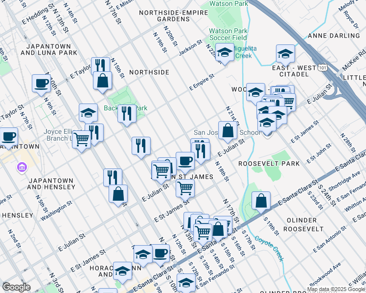 map of restaurants, bars, coffee shops, grocery stores, and more near 780 Washington Street in San Jose