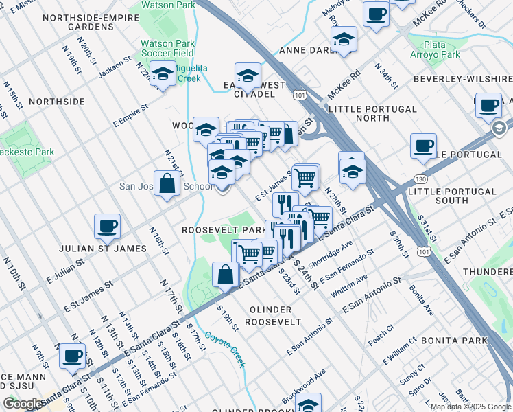 map of restaurants, bars, coffee shops, grocery stores, and more near 176 North 24th Street in San Jose