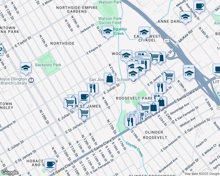 map of restaurants, bars, coffee shops, grocery stores, and more near 955 East Julian Street in San Jose