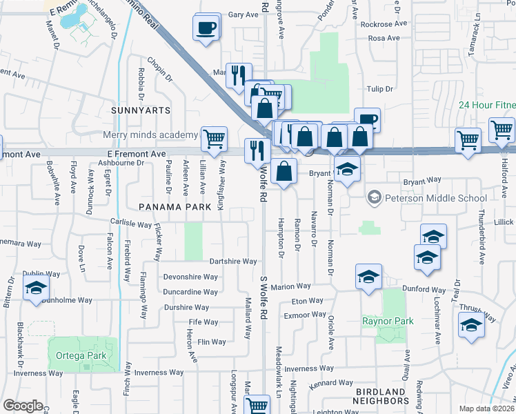 map of restaurants, bars, coffee shops, grocery stores, and more near 1355 South Wolfe Road in Sunnyvale
