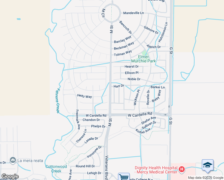 map of restaurants, bars, coffee shops, grocery stores, and more near 4389 Mathias Way in Merced
