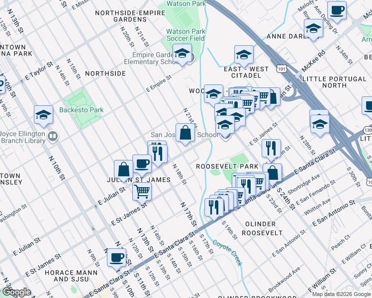 map of restaurants, bars, coffee shops, grocery stores, and more near 915 East Julian Street in San Jose