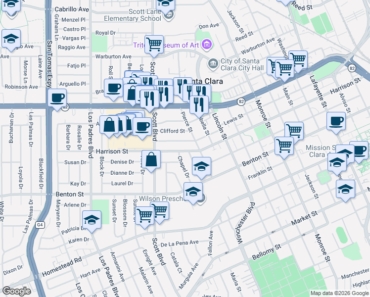 map of restaurants, bars, coffee shops, grocery stores, and more near 1865 Harrison Street in Santa Clara