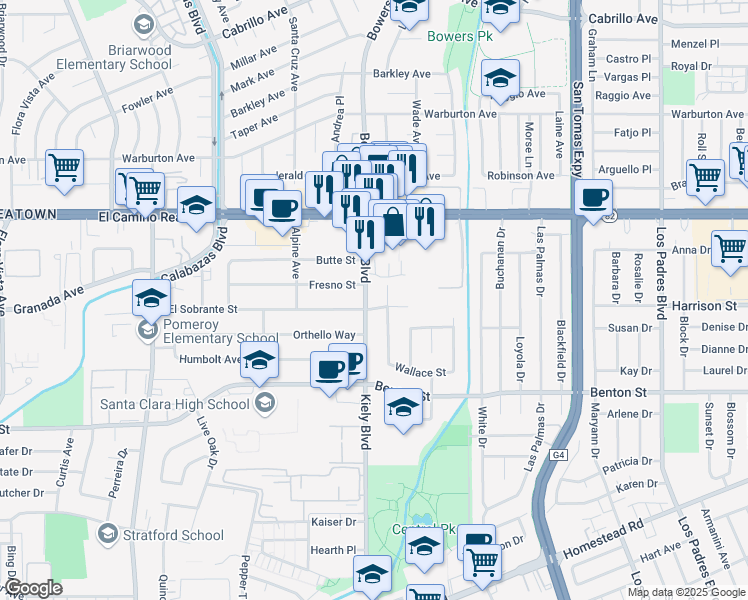 map of restaurants, bars, coffee shops, grocery stores, and more near 1313 Kiely Boulevard in Santa Clara