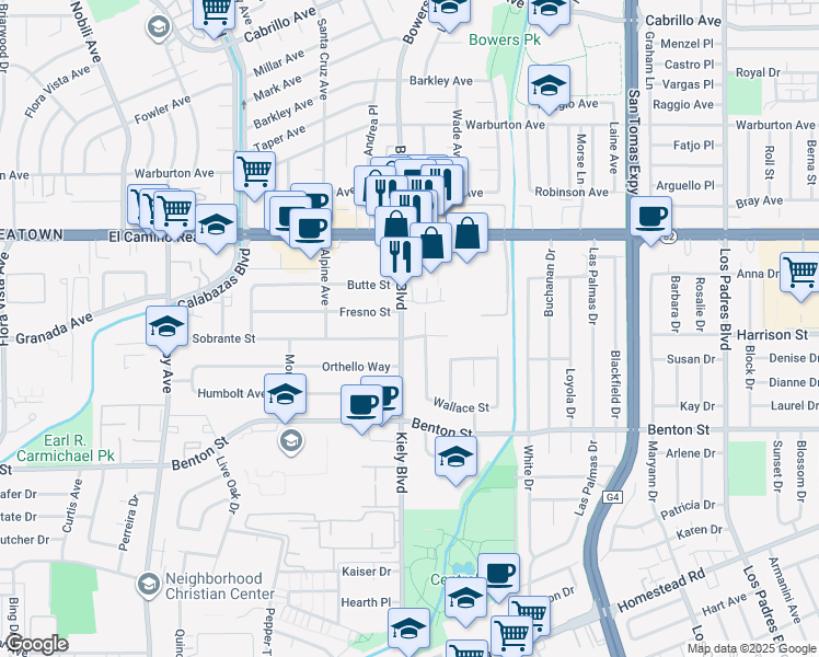 map of restaurants, bars, coffee shops, grocery stores, and more near 1313 Kiely Boulevard in Santa Clara