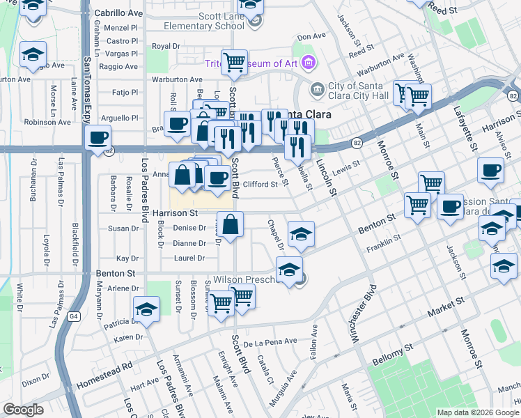 map of restaurants, bars, coffee shops, grocery stores, and more near 1933 Harrison Street in Santa Clara