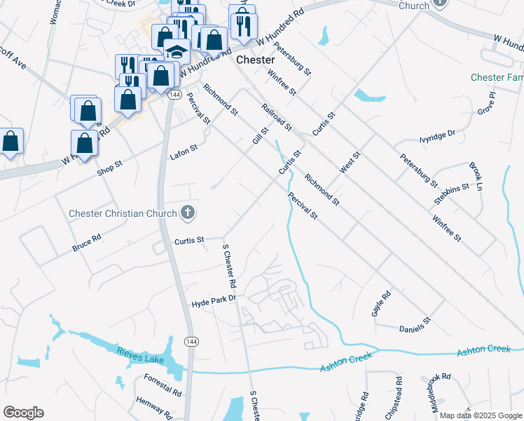 map of restaurants, bars, coffee shops, grocery stores, and more near 4205 Curtis Street in Chester