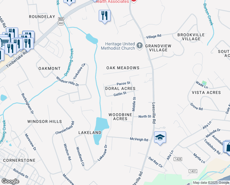 map of restaurants, bars, coffee shops, grocery stores, and more near 115 Gatlin Street in Lynchburg