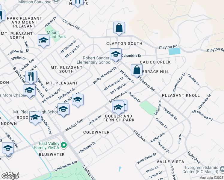 map of restaurants, bars, coffee shops, grocery stores, and more near 3429 Mount Prieta Drive in San Jose