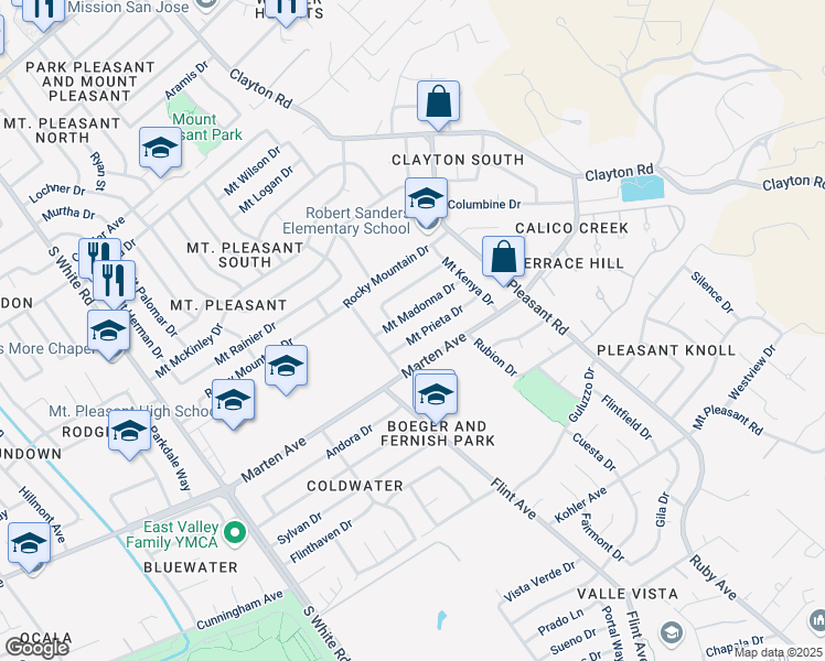 map of restaurants, bars, coffee shops, grocery stores, and more near 3429 Mount Prieta Drive in San Jose