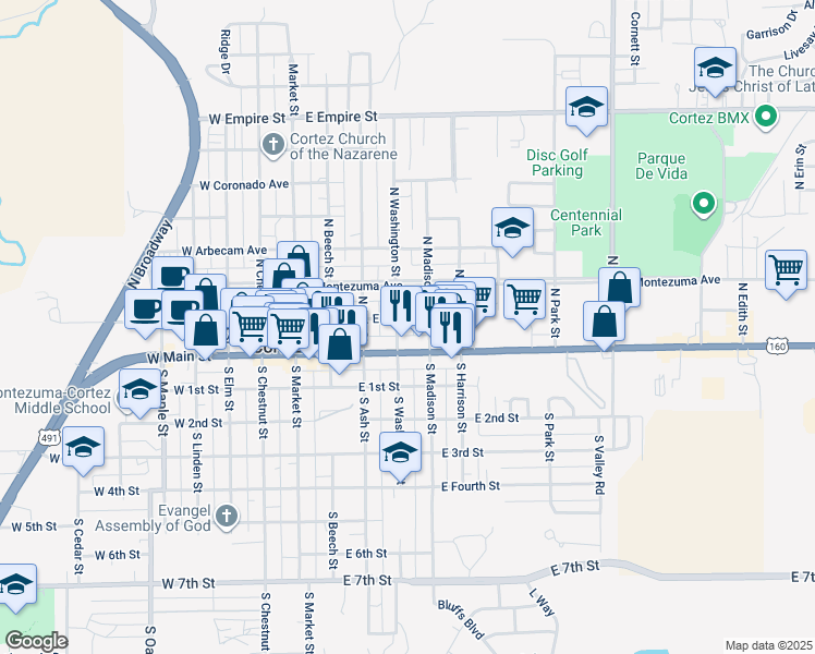 map of restaurants, bars, coffee shops, grocery stores, and more near 360 East North Street in Cortez