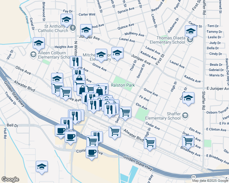 map of restaurants, bars, coffee shops, grocery stores, and more near 1361 Elm Avenue in Atwater