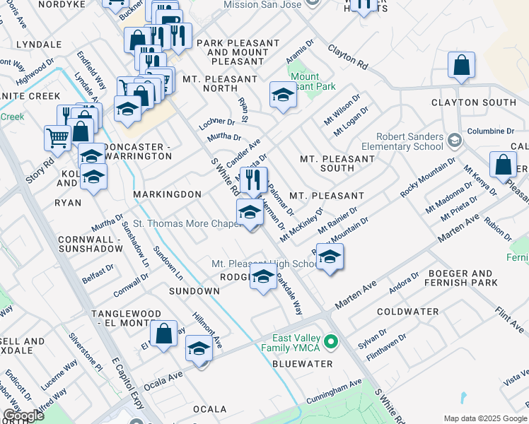 map of restaurants, bars, coffee shops, grocery stores, and more near 1502 Mount Herman Drive in San Jose
