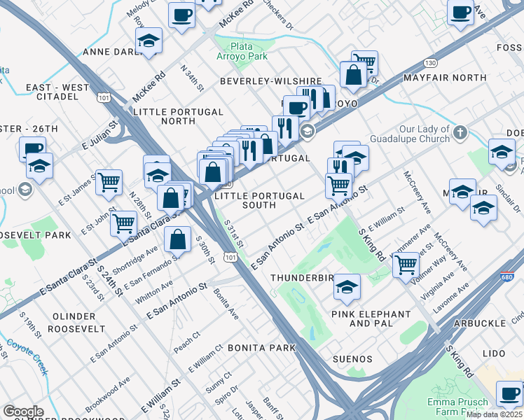 map of restaurants, bars, coffee shops, grocery stores, and more near 1625 East San Fernando Street in San Jose