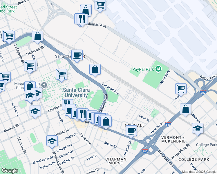 map of restaurants, bars, coffee shops, grocery stores, and more near 1260 Campbell Avenue in San Jose