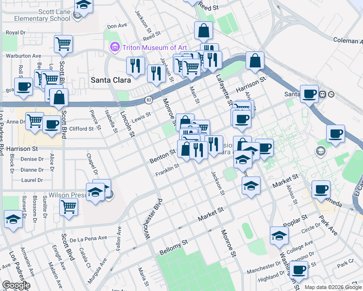 map of restaurants, bars, coffee shops, grocery stores, and more near 1157 Monroe Street in Santa Clara