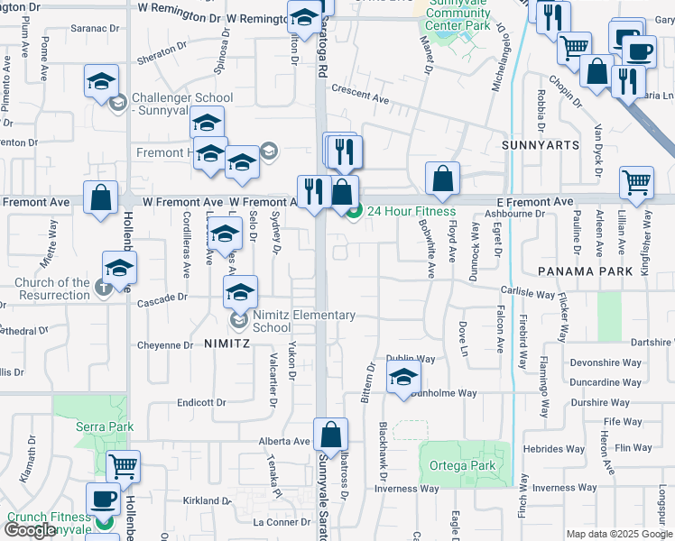 map of restaurants, bars, coffee shops, grocery stores, and more near 1369 Bluebird Court in Sunnyvale