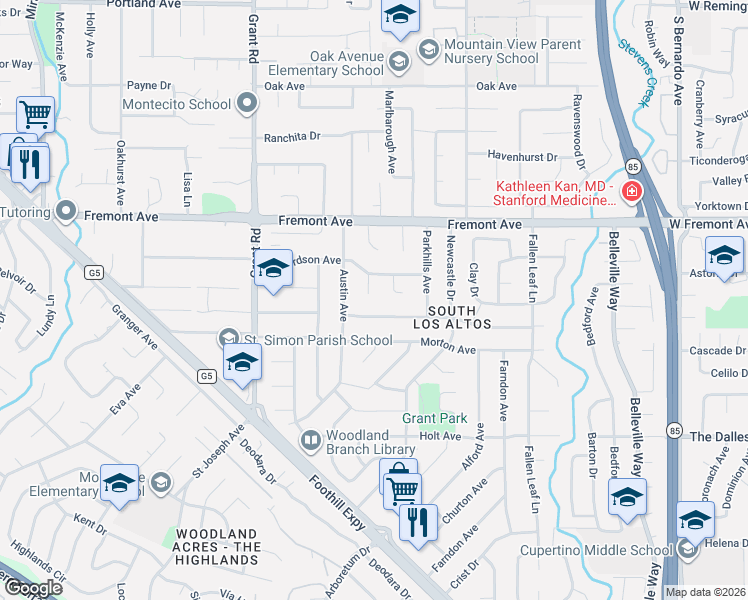 map of restaurants, bars, coffee shops, grocery stores, and more near 1690 William Henry Court in Los Altos