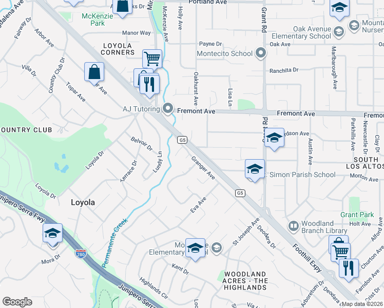 map of restaurants, bars, coffee shops, grocery stores, and more near 1111 Peninsular Avenue in Los Altos