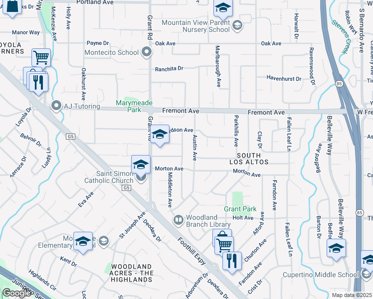map of restaurants, bars, coffee shops, grocery stores, and more near 1715 Juarez Avenue in Los Altos