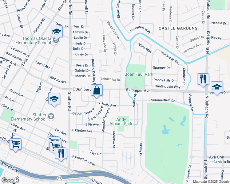 map of restaurants, bars, coffee shops, grocery stores, and more near 540 E Juniper Ave in Atwater
