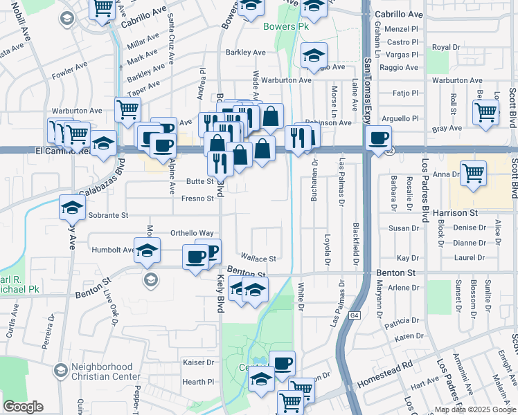 map of restaurants, bars, coffee shops, grocery stores, and more near 1400 Bowe Avenue in Santa Clara