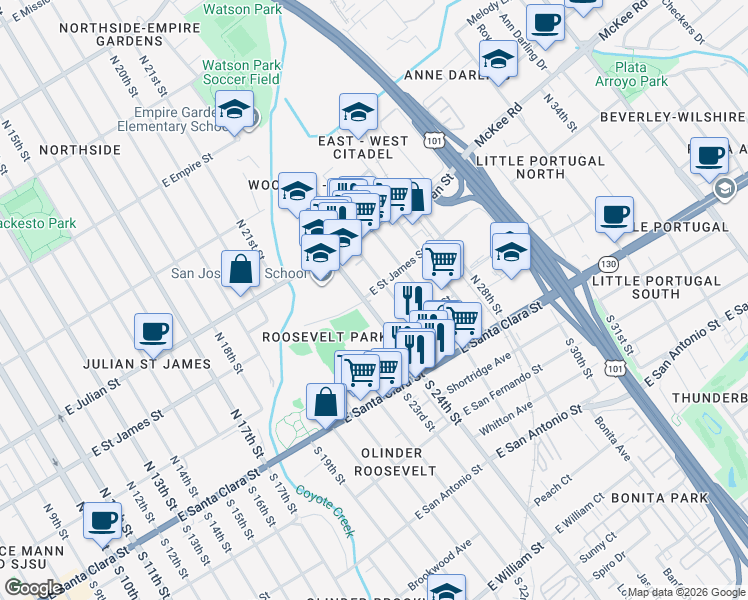 map of restaurants, bars, coffee shops, grocery stores, and more near 176 North 24th Street in San Jose