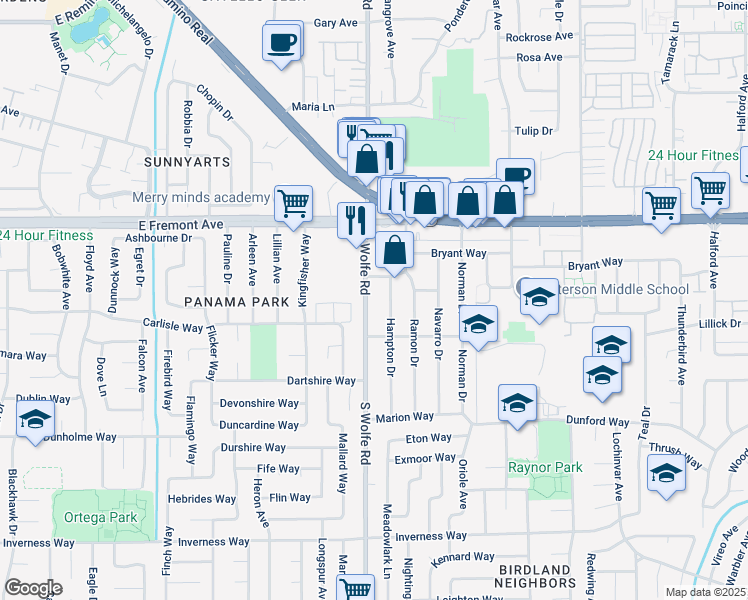 map of restaurants, bars, coffee shops, grocery stores, and more near 1372 South Wolfe Road in Sunnyvale
