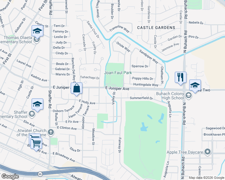 map of restaurants, bars, coffee shops, grocery stores, and more near 1881 Valley Street in Atwater