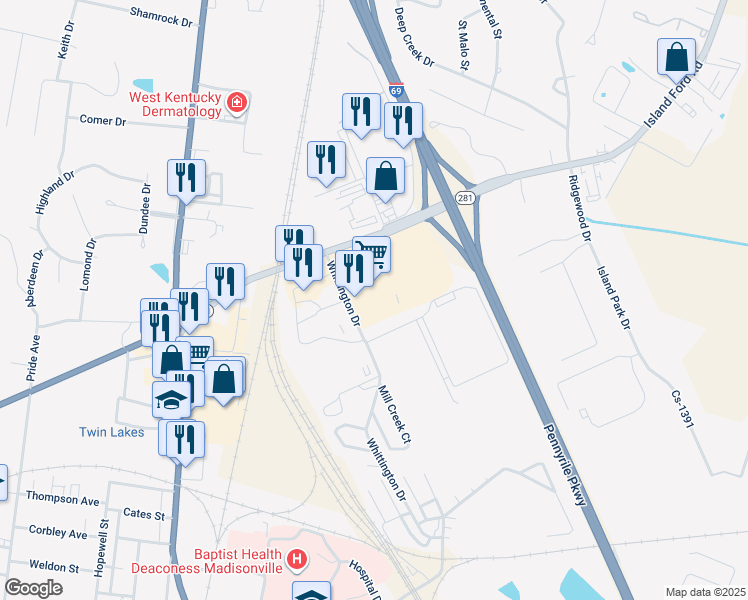 map of restaurants, bars, coffee shops, grocery stores, and more near 545 Island Ford Road in Madisonville