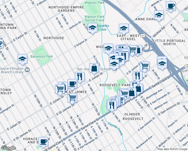 map of restaurants, bars, coffee shops, grocery stores, and more near 915 East Julian Street in San Jose