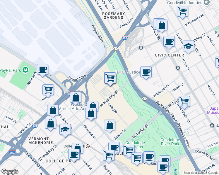 map of restaurants, bars, coffee shops, grocery stores, and more near 935 Ruff Drive in San Jose