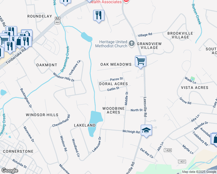 map of restaurants, bars, coffee shops, grocery stores, and more near 115 Gatlin Street in Lynchburg
