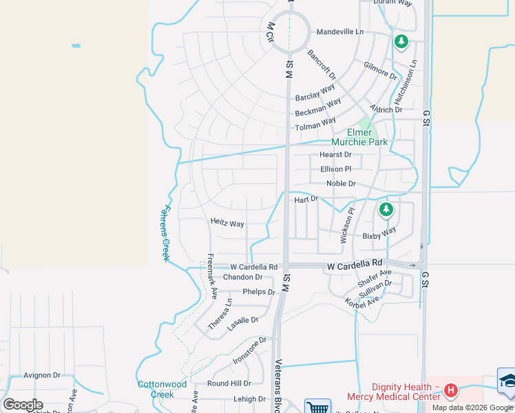 map of restaurants, bars, coffee shops, grocery stores, and more near 4407 Pickworth Court in Merced